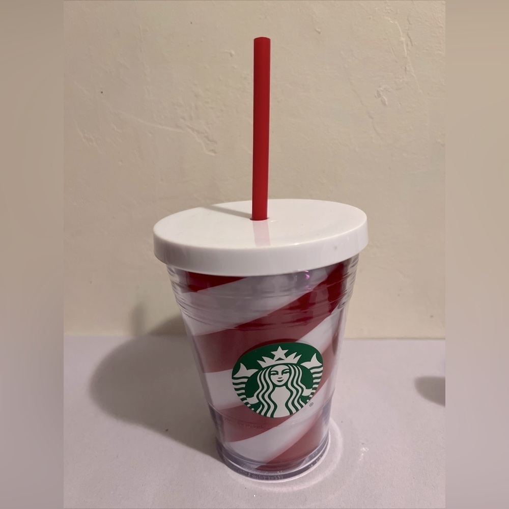 Starbucks Candy Cane Stripe Red White Holiday Cold Cup Tumbler With Straw 12 oz